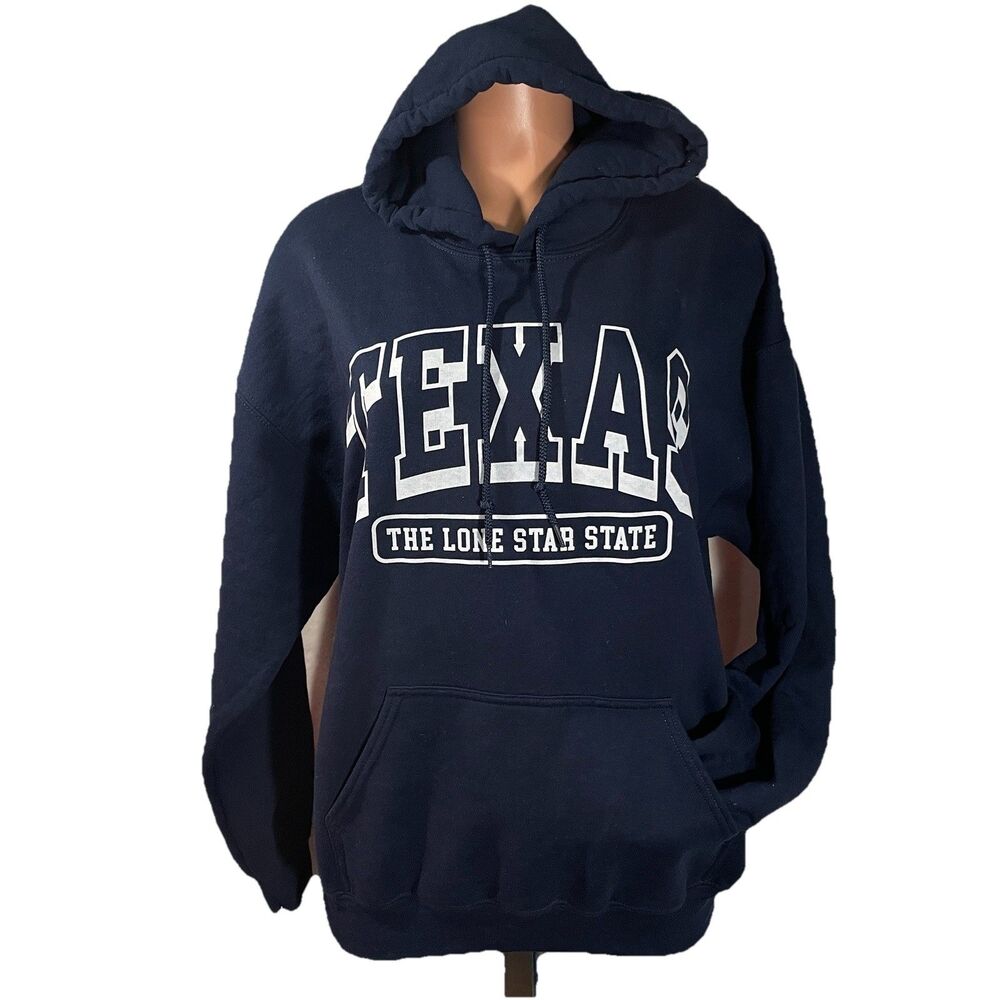 Texas Lone Star Hoodie Sweatshirt Mens Large L Navy Blue Pullover Fleece Casual
